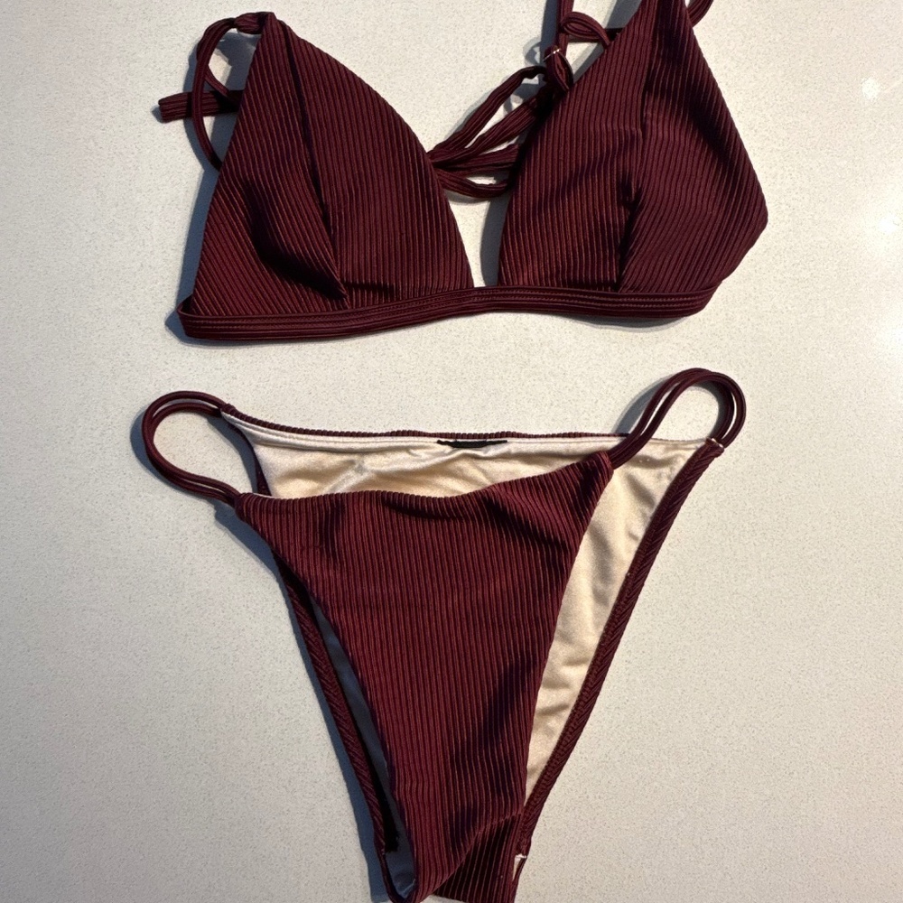 Ribbed Bordeaux/Red/Brown High Waist Triangle Top Bikini Set – Size S/M